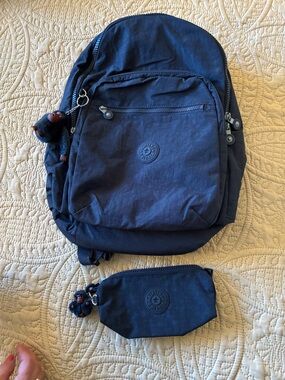 Kipling Navy Nylon Backpack with Matching Pouch and Charm